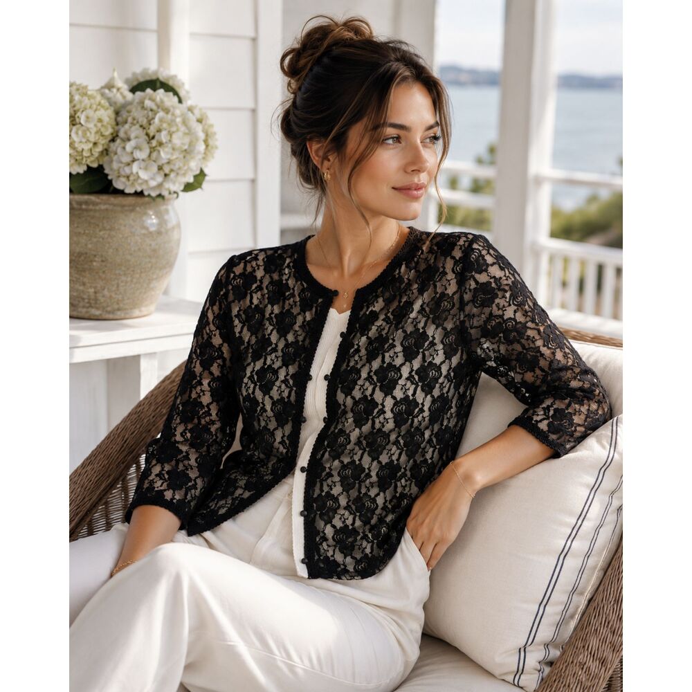 Vintage Anthropologie Odille Black Lace Overlay Cardigan Sweater Ivory Nude Med